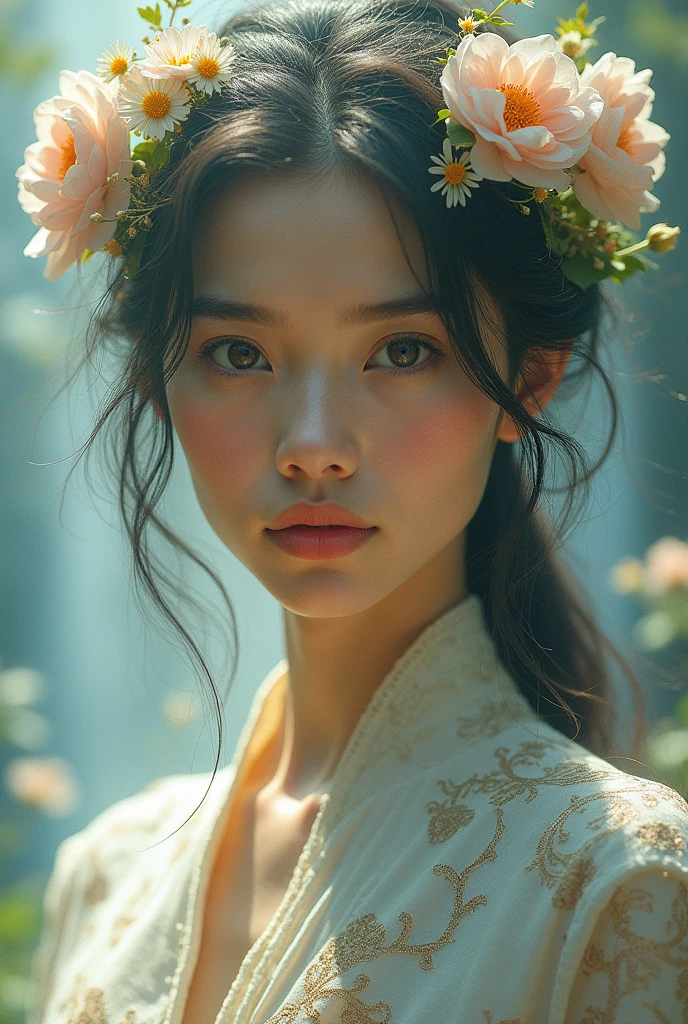(Photorealism:1.1) goddess, portrait, Close-up, double exposure, high collar