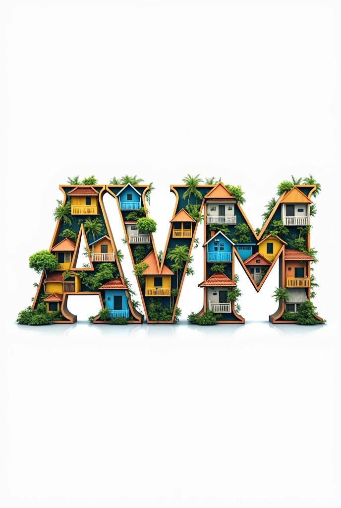 Logo with AVM for real estatein panama pit some building and homes with yellow, blue, white but all the things inside the letters and do rhe letters cllse to each other