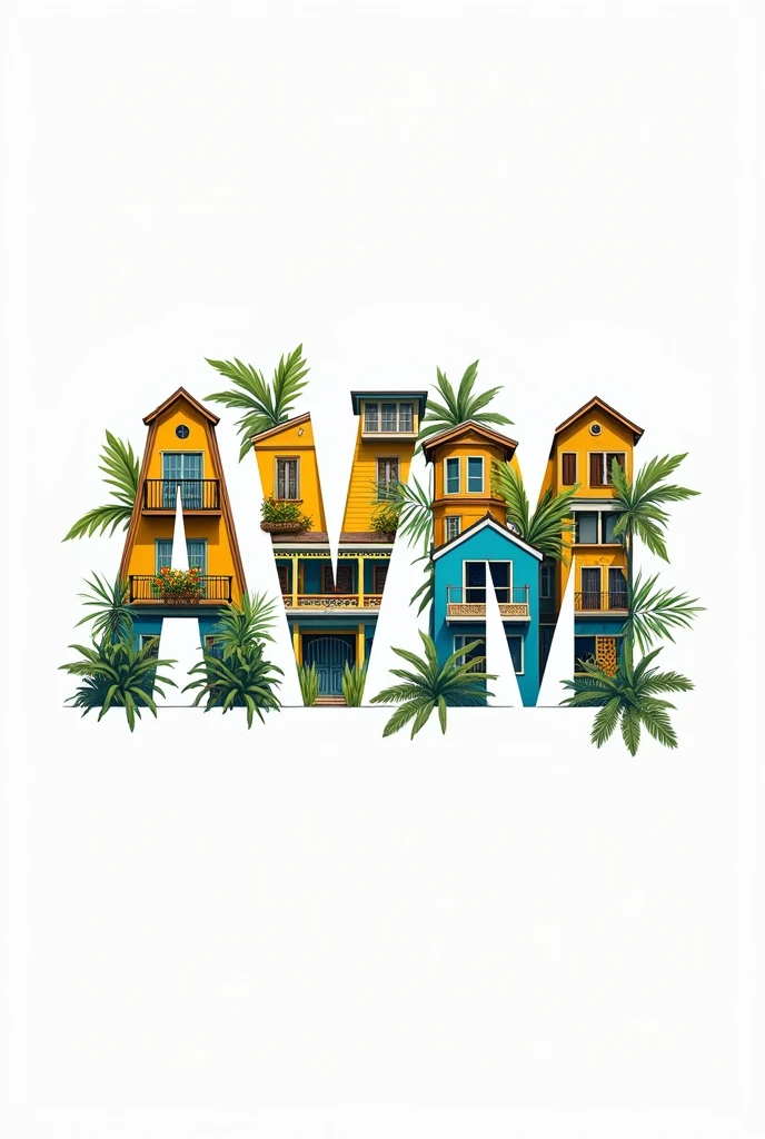 Logo with AVM for real estatein panama pit some building and homes with yellow, blue, white but all the things inside the letters and do rhe letters cllse to each other