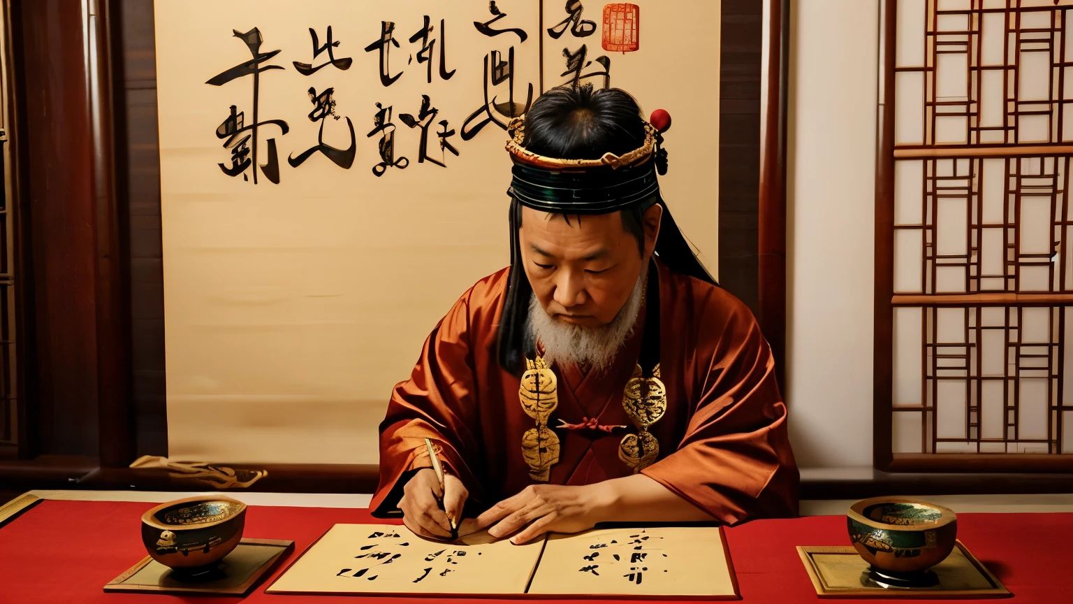 A wise (((men Chinese scribe))), sitting in a serene setting, carefully inscribing the tales of the Xia Dynasty onto bamboo scrolls, surrounded by ancient artifacts and texts, capturing the essence of early Chinese historiography.