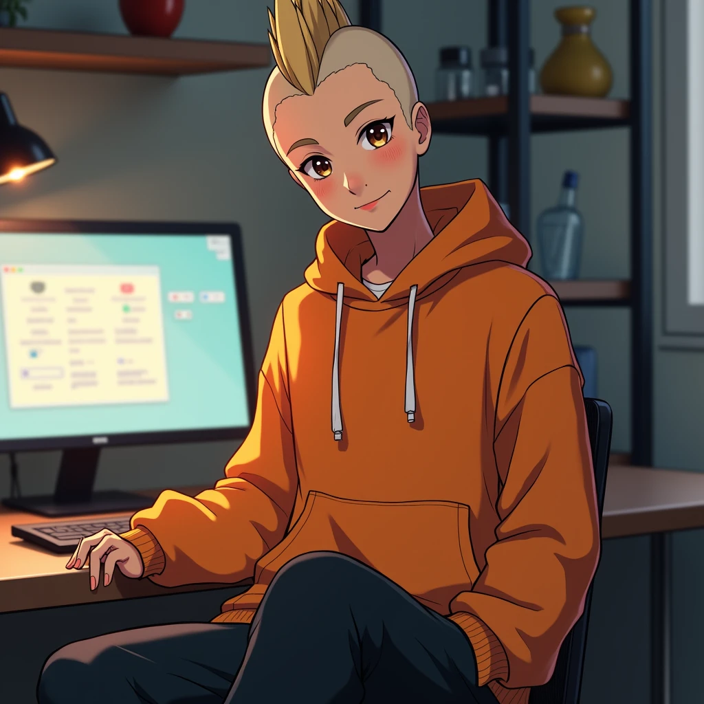 ((best quality)), ((masterpiece)), (detailed), 1guy, mohawk cut type hair laid flat, brown eyes, tan skin, white ,WHITE SKIN, body, wearing plain orange hoodie, long black sweat pants, absurdres, high res, ultrasharp, 8k, masterpiece, looking at viewer, anime inspired, cool desk background, androgynous, smiling,