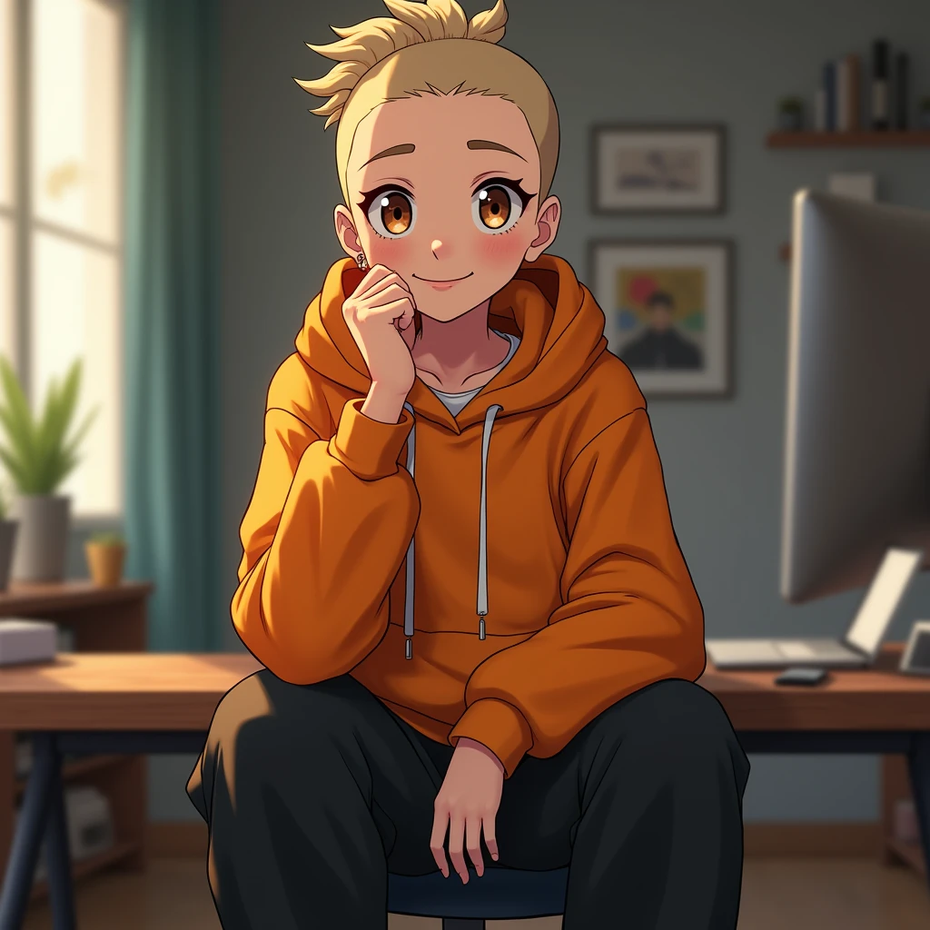 ((best quality)), ((masterpiece)), (detailed), 1guy, mohawk cut type hair laid flat, brown eyes, tan skin, white ,WHITE SKIN, body, wearing plain orange hoodie, long black sweat pants, absurdres, high res, ultrasharp, 8k, masterpiece, looking at viewer, anime inspired, cool desk background, androgynous, smiling,