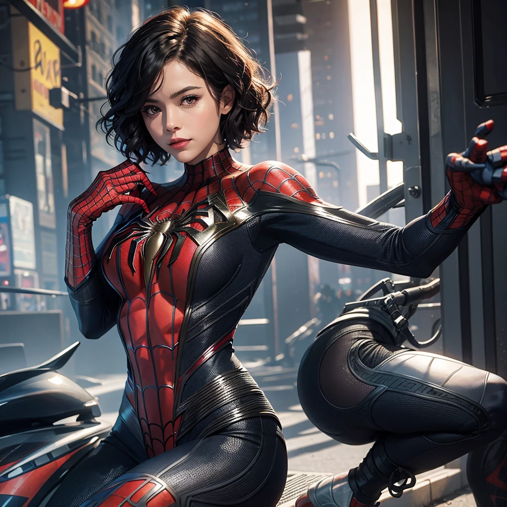 Woman with very curly short hair wearing a Marvel's Spiderman costume