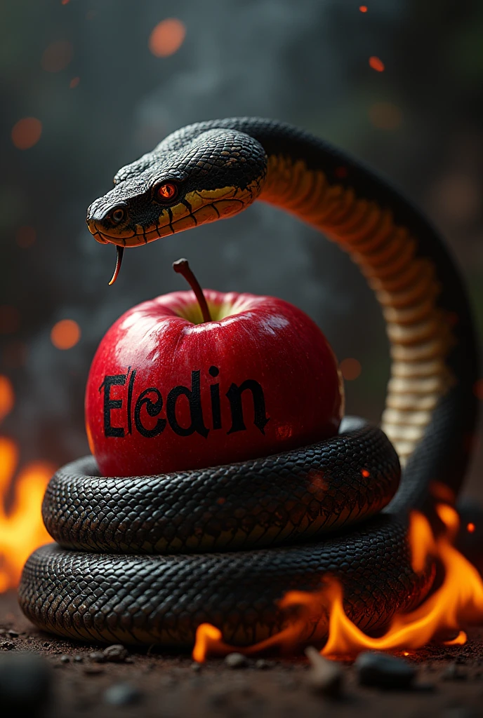 A python snake with its mouth open, wanting to attack, looking forward., The snake's tail is wrapping around an apple in the midst of darkness with a lot of fire around it., The apple has letters written on it that say Elohim, the python snake looking darkly