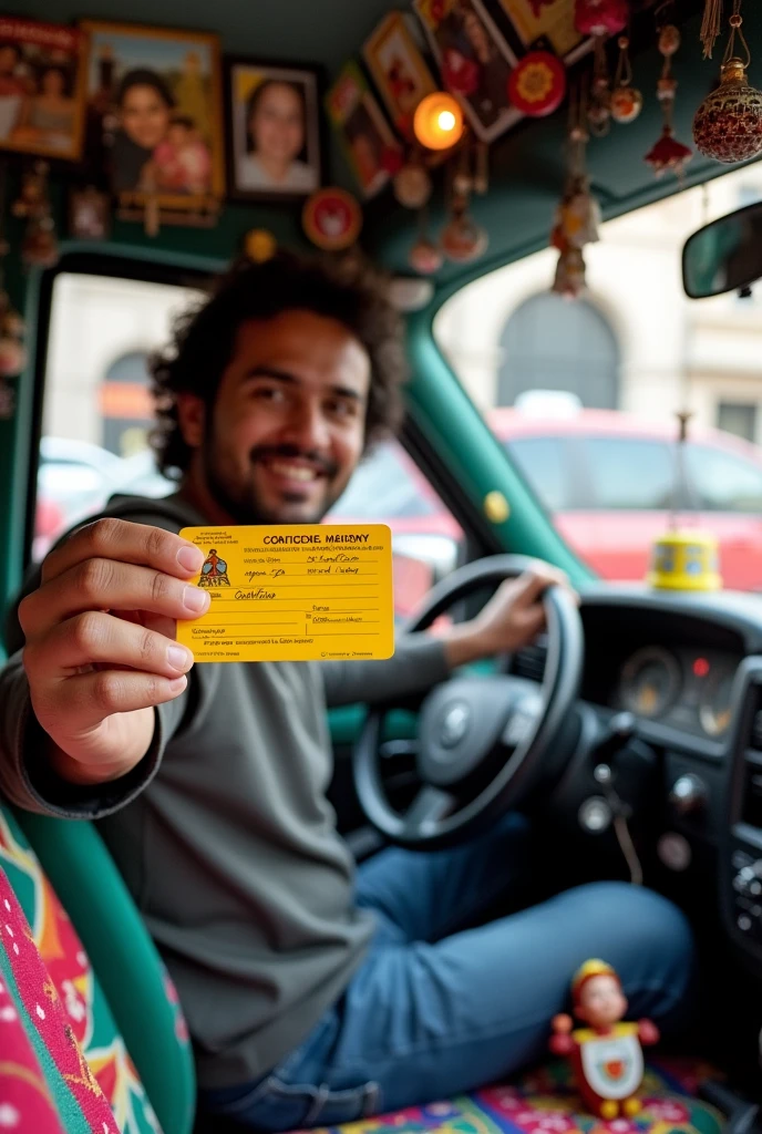 Peruvian taxi driver showing his license inside the car in the driver's seat