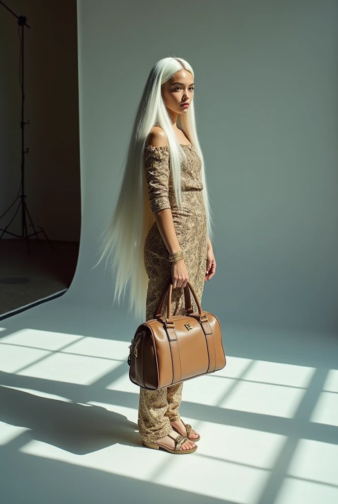 A girl with long straight white hair wearing a Versace collection with dress,duffel bag,shoes and accessories,she is going to do a photo shoot in a photography studio,I want her beautiful