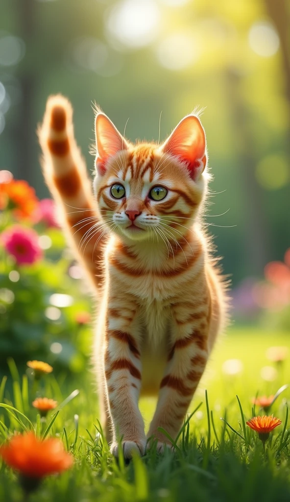 Yellow tabby cat raising its tail, dimensions 16:9