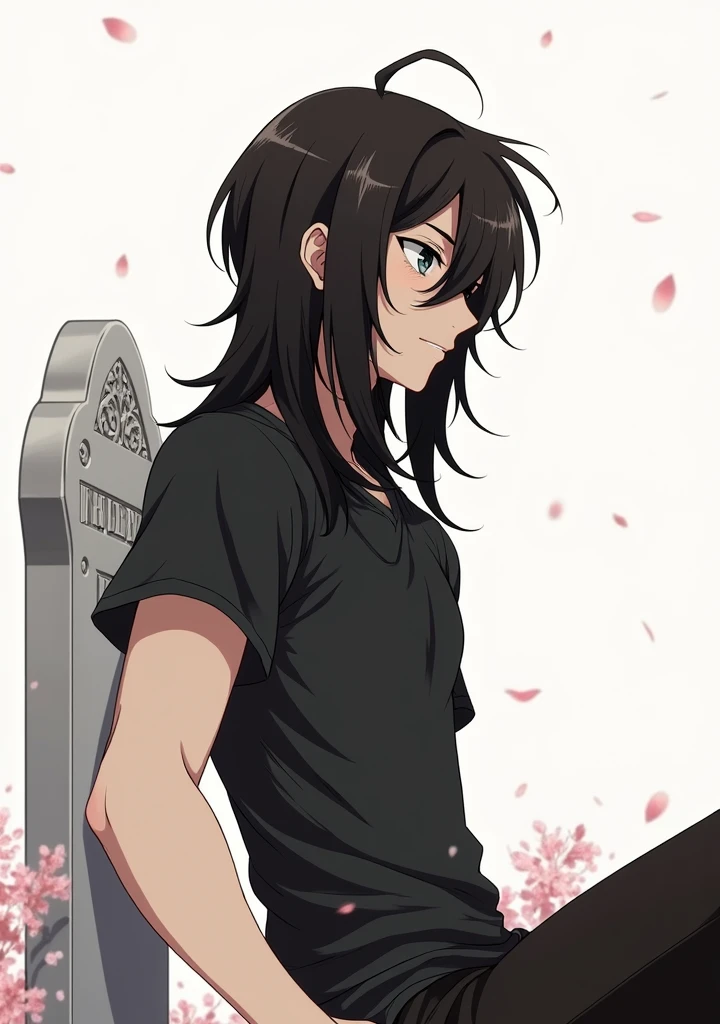 A guy with long black hair, with grey eyes, in a black T-shirt, sad smile, Beautiful face, beautiful body, sitting leaning against the tombstone, anime art, masterpiece, realistically