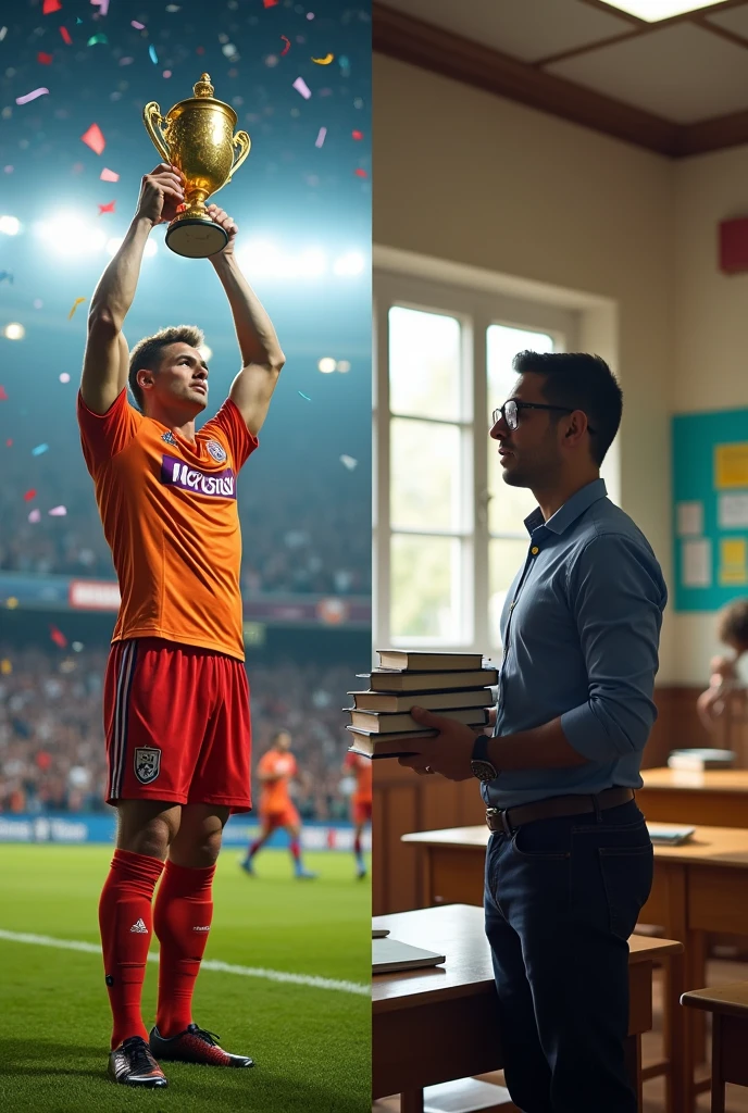 Generate an image showing a professional soccer player and a teacher, but that each one has its own different background and that both are men and that it is in a presentation format