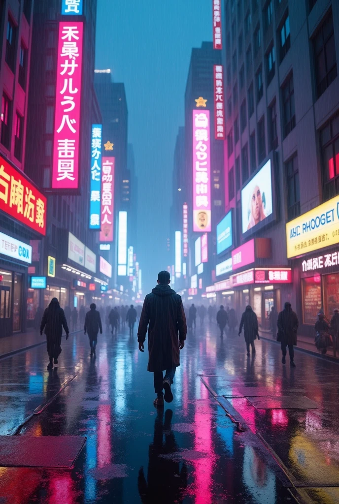 painting of a man walking down a city street in the rain, in a futuristic cyberpunk city, cyberpunk dreamscape, cyberpunk street, cyberpunk themed art, in cyberpunk city, in a cyberpunk city, cyberpunk vibrant colors, at a cyberpunk city, cyberpunk vibes, at an cyberpunk city, cyberpunk art style, dreamy colorful cyberpunk colors, cyberpunk lights, cyberpunk city street 