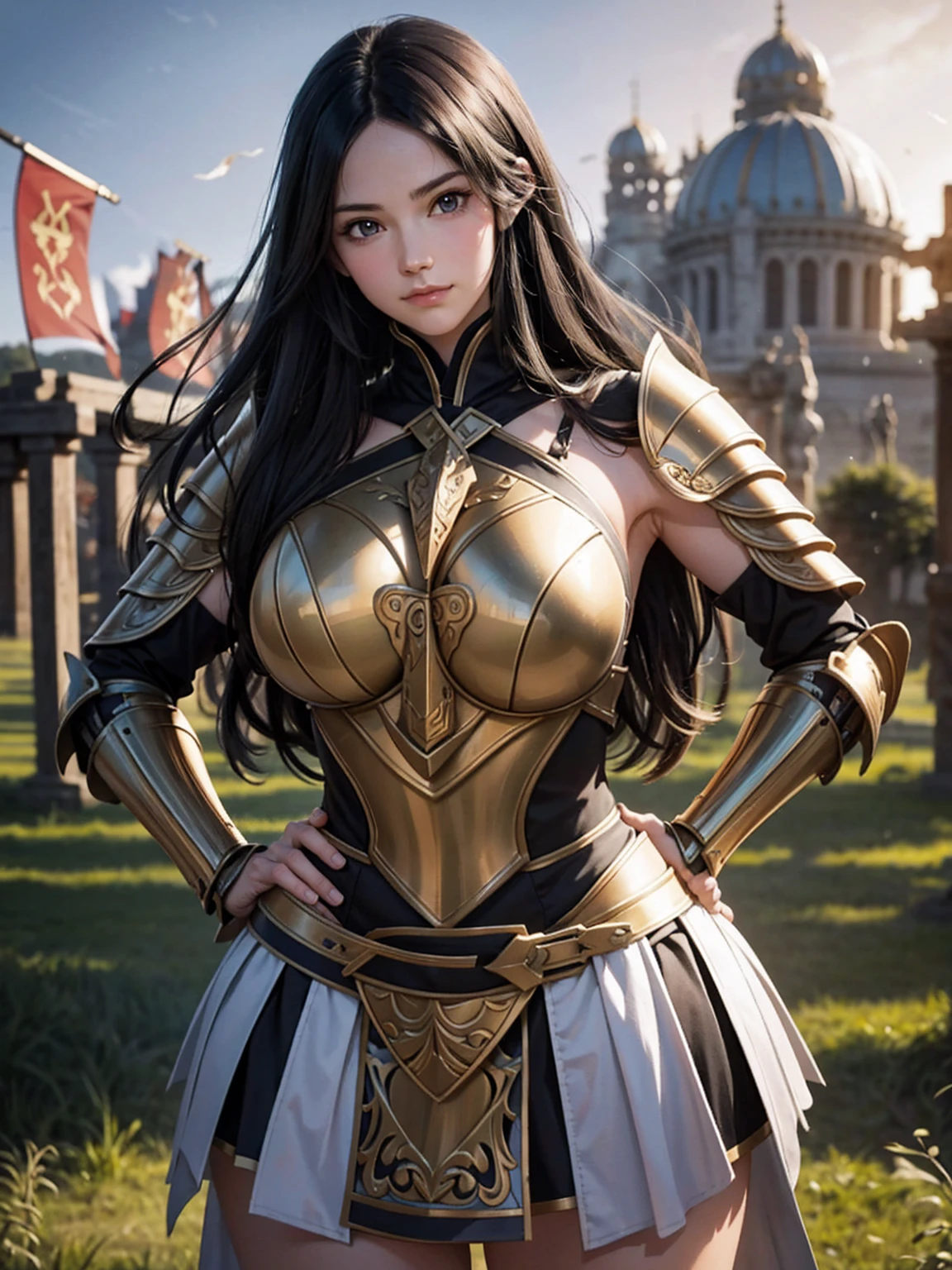 arwen, (ancient armor:1.2), metal skirt, fluttering hair, long wavy hair, long curl hair, thick thighs, muscle, (upper body from below:1.2), blush, gentle smile, hands on hip, in grassland, sunrise
