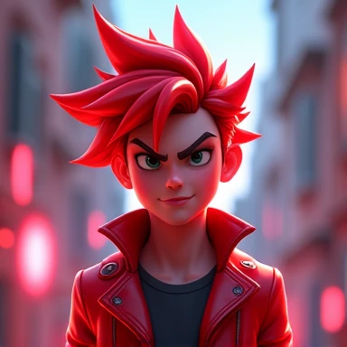 Create a male and animated avatar for "nunadafps" no armor, as a game character. The character must have an energetic and stylish look, with spiky hair in vibrant red tones, expressive and intense eyes. Dress him in modern clothes, like a red leather jacket with neon accents. The background should be dynamic and full of action, with red light effects. the name "nunadafps" should appear in a fun way and integrated into the design, highlighting the gamer spirit