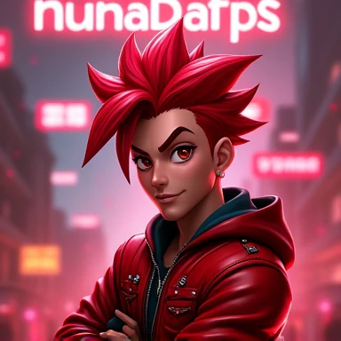 
Create a male and animated avatar for "nunadafps" no armor, as a game character. The character must have an energetic and stylish look, with spiky hair in vibrant red tones, expressive and intense eyes. Dress him in modern clothes, like a red leather jacket with neon accents. The background should be dynamic and full of action, with red light effects. the name "nunadafps" should appear in a fun way and integrated into the design, highlighting the gamer spirit