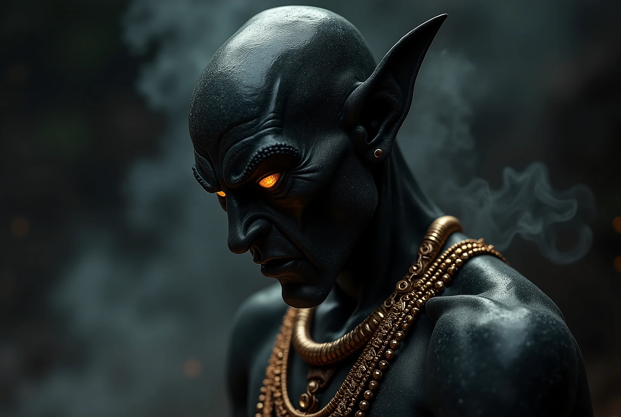 A black marbled Makali Demon, from a meditating stance, looking down, dynamic shot, side angle shot, close-up shot, high angle shot, bokeh, bald, adorned with hindu and burmese decor, very dark background, looking grim, staring with fury, black pupills, golden glowing iris, fuming black particles from the body, silhouette, 8k resolution, masterpiece, 