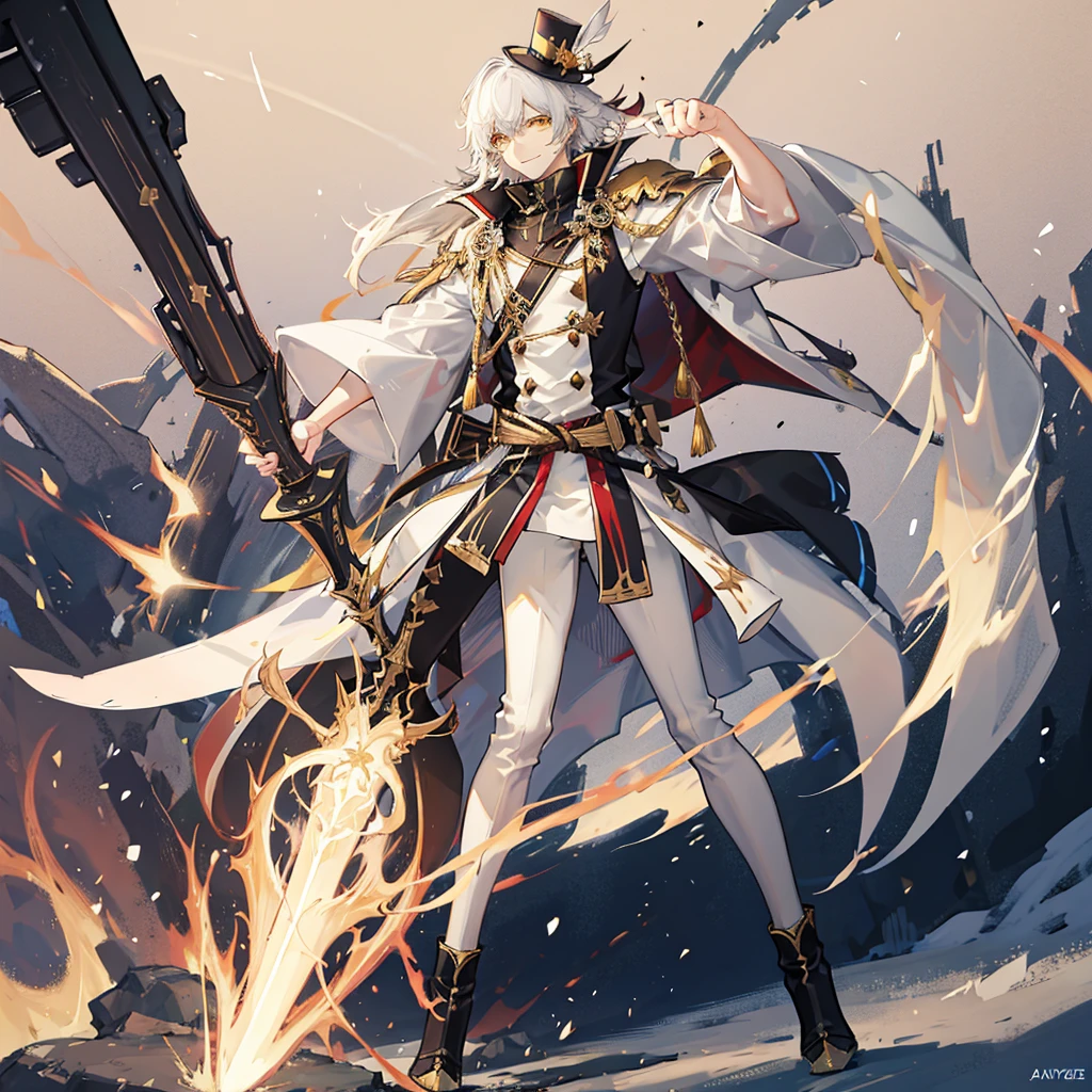 (Best quality ever) A scary humanoid male character, he is muscular and wears bright yellowish and worn color Japanese fighting training clothes, he wears brown warrior boots, his skin is snow white, he has bright yellow eyes with the illuminati symbol in each eye, he has a scary smile in a sadistic way, he is holding a sword made of bright yellow energy that has illuminati symbols,  He has big white hair pointed upwards and wears a mini top hat