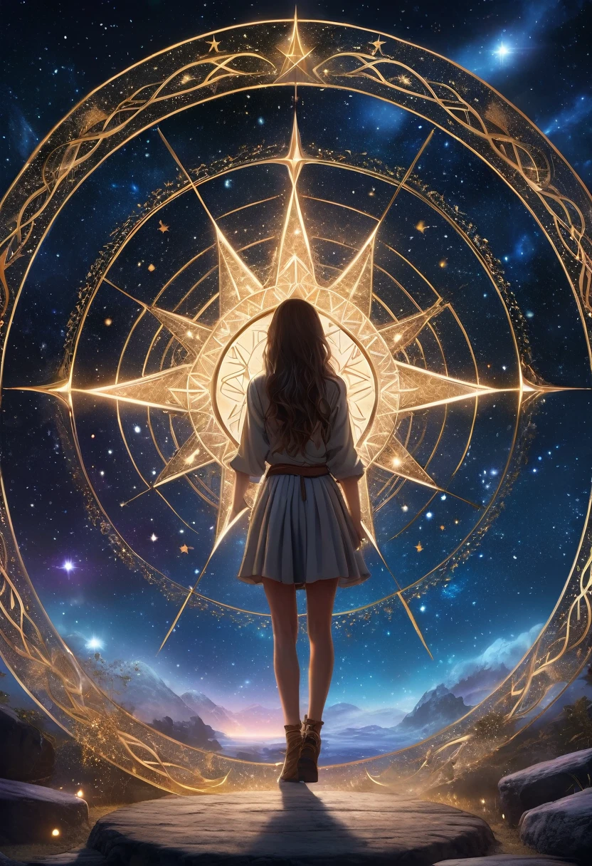 The girl stands in the center of the gorgeous and huge six-pointed star magic circle on the ground,Magical runes suspended in the air sparkle like stardust,8k,Super fine,Super detailed,Rich details,masterpiece,best quality