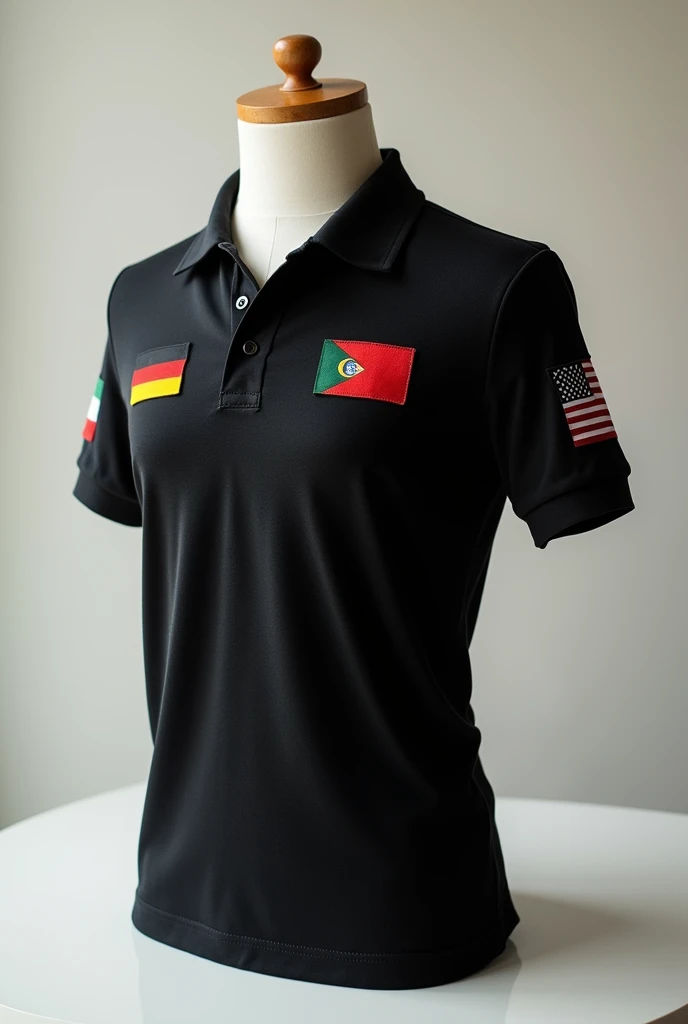 Plain black polo shirt having flags of country on it in HD