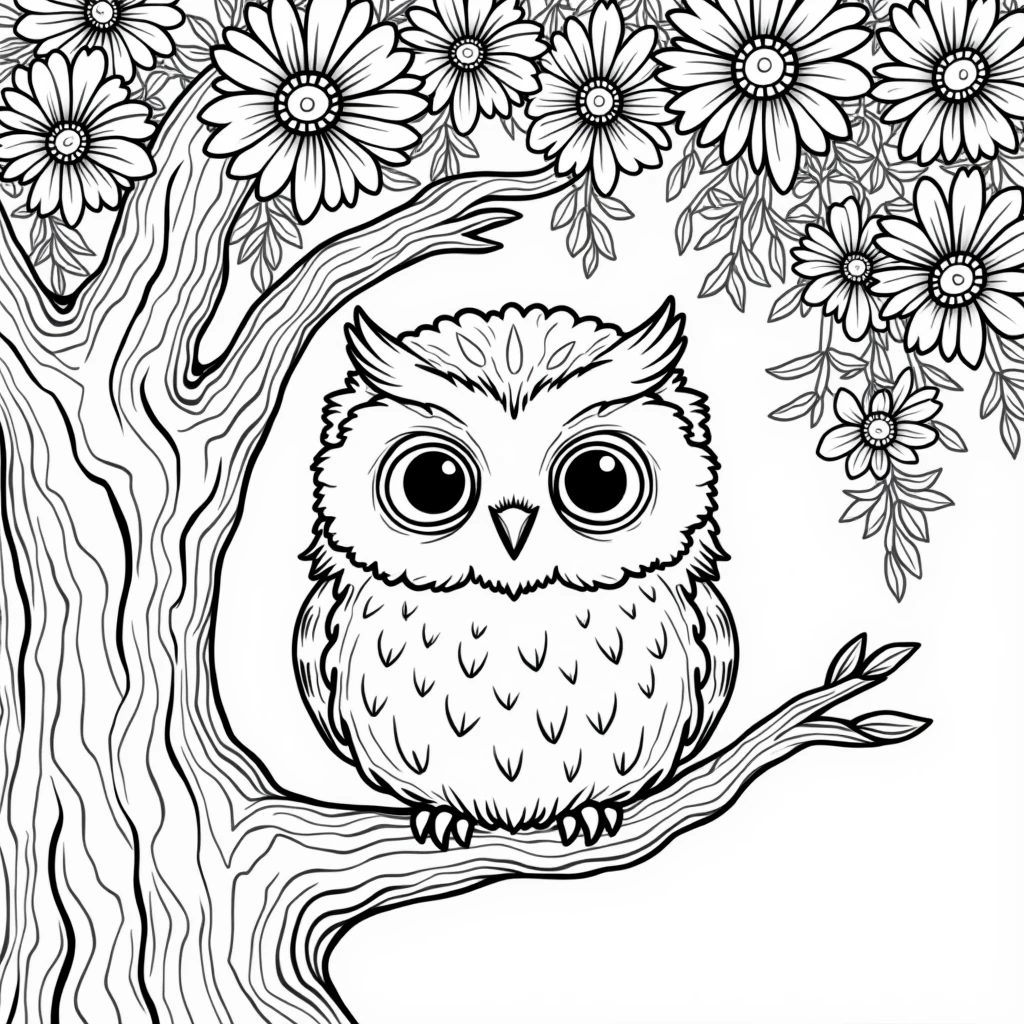 Big and fluffy owl in tree full of flowers. black and white children's coloring book style