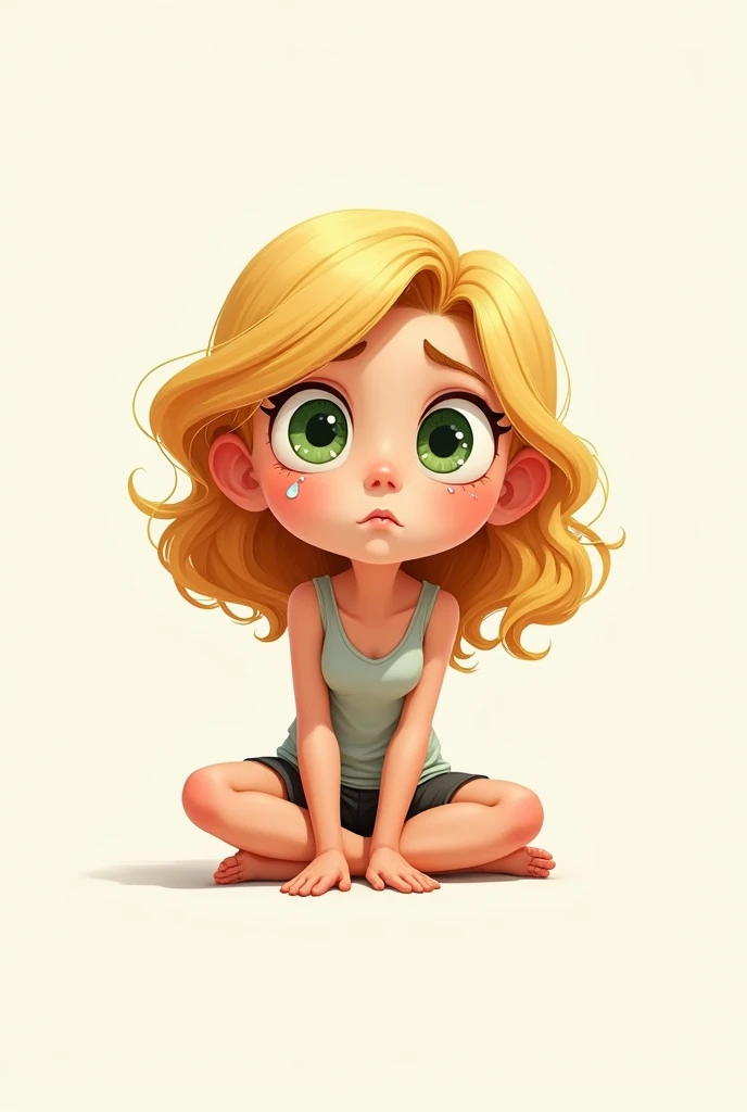 Woman white skin curly hair blonde color green eyes crying pixar style white background