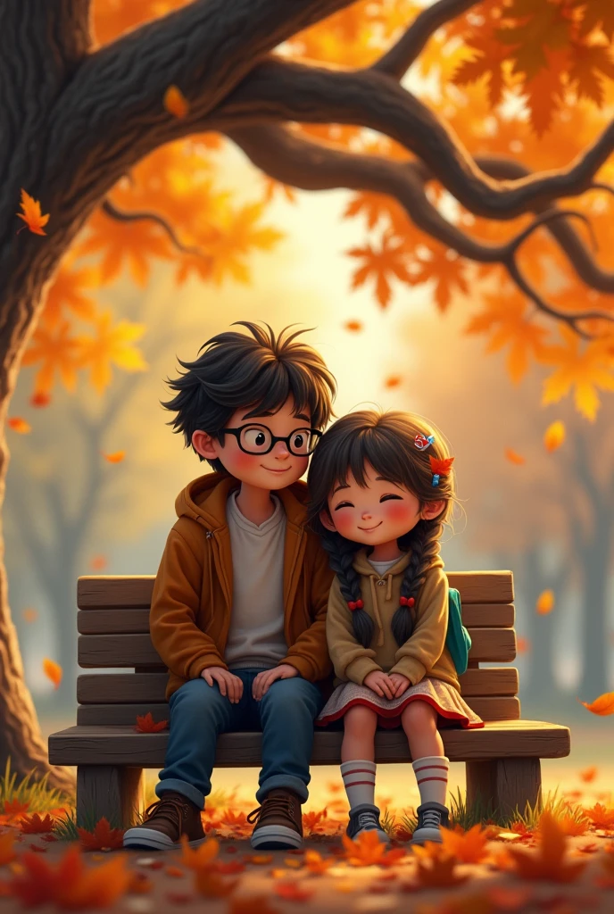 A School boy And girl wearing glasses...and the girl keeping her head on his shoulder