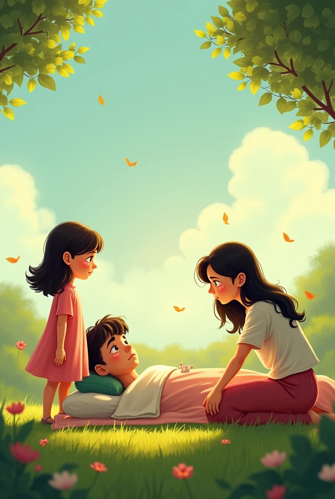 A picture of a in a pink dress and his younger brother looking sadly at his sick father on the bed of a grave with his mother cartoon type