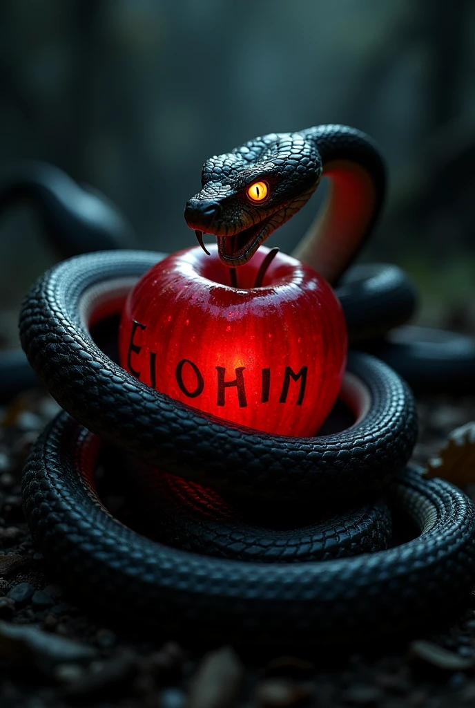 A python snake with its mouth open, wanting to attack, looking forward., The snake's tail is wrapping around an apple in the middle of hell's darkness, The apple has letters written on it that say Elohim, the python snake looking darkly