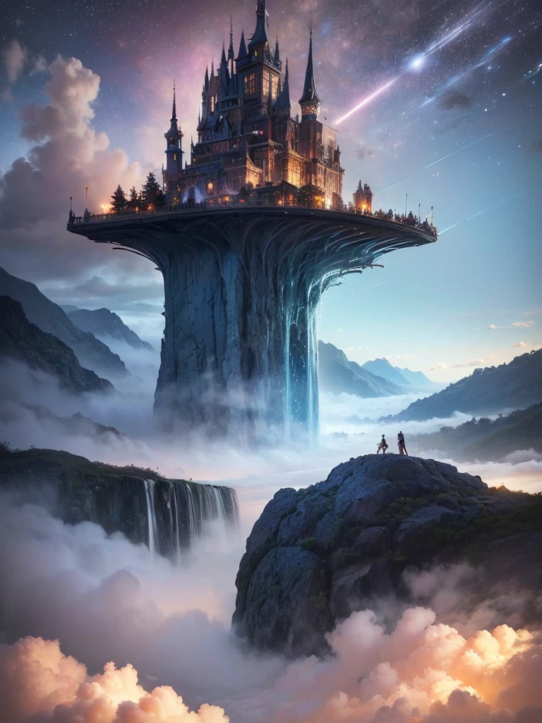 (8k, highest quality, masterpiece, final fantasy style: 1.2), (unRealistic, photoRealistic: 1.37), Dreamy landscape, Fantasy, Unsurreal landscapes, Super detailed, Flying Castle, Floating Island in the Sky, Seven-colored swirl of light, Intense lightning, milky way, Complex Light, Colored light, Large Lake, Starry sky reflected on the lake surface, Countless shining stars, Meteors, Reflections , (A pillar of light emanated from the ground:1,2), (((roses and orchids gardens , bright day , pink clouds, waterfalls in the sky, realistic style, Hyperrealism drawing, a flying pirate spaceship floating above the clouds)))) , burning skyscrapers, , timeless realms, stunning princess , casting spell, healing light magic effect, in a magical lagoon of the fairyland, crystal clear water surface reflections, sharp focus, looking at viewer, (close-up:0.9), (bright white theme:1.2), (bright white tone:1.2), (deep blue tone:1.3),((( realistic, Hyperrealism, vivid colours , landscapes , alien cyborgs , science fiction themes))),