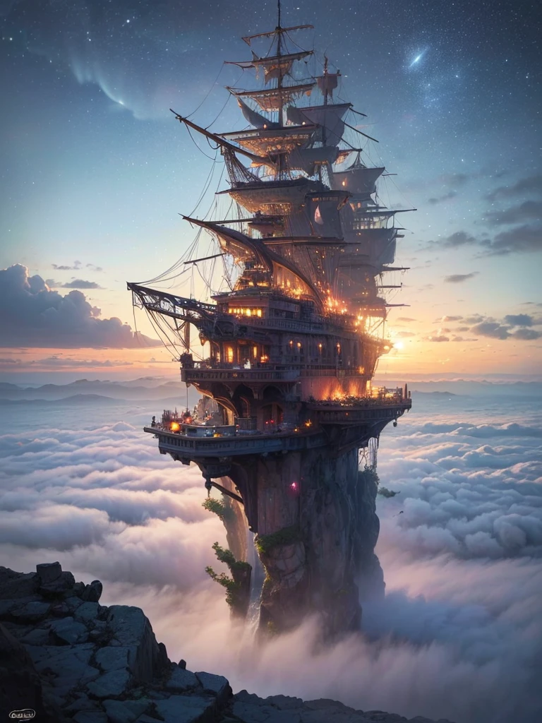 (8k, highest quality, masterpiece, final fantasy style: 1.2), (unRealistic, photoRealistic: 1.37), Dreamy landscape, Fantasy, Unsurreal landscapes, Super detailed, Flying Castle, Floating Island in the Sky, Seven-colored swirl of light, Intense lightning, milky way, Complex Light, Colored light, Large Lake, Starry sky reflected on the lake surface, Countless shining stars, Meteors, Reflections , (A pillar of light emanated from the ground:1,2), (((roses and orchids gardens , bright day , pink clouds, waterfalls in the sky, realistic style, Hyperrealism drawing, a flying pirate spaceship floating above the clouds)))) , burning skyscrapers, , timeless realms, stunning princess , casting spell, healing light magic effect, in a magical lagoon of the fairyland, crystal clear water surface reflections, sharp focus, looking at viewer, (close-up:0.9), (bright white theme:1.2), (bright white tone:1.2), (deep blue tone:1.3),((( realistic, Hyperrealism, vivid colours , landscapes , alien cyborgs , science fiction themes))),