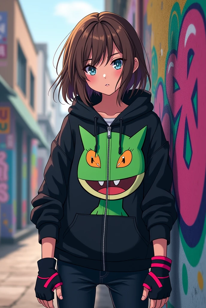 draw art of 14 year old girl in anime style, blue-gray eyes, a little long messy brown hair, sloppy strands over shoulders and long side bangs that covered left eye, round glasses with black frames, clothing style was rather baggy, a black zip hoodie with the character Gir from Invader Zim, (a green dog with large slanted eyes, black limbs, ears and tail), on one hand I had pure black fingerless glove and on the other fingerless glove with black and pink stripes, and black jeans.