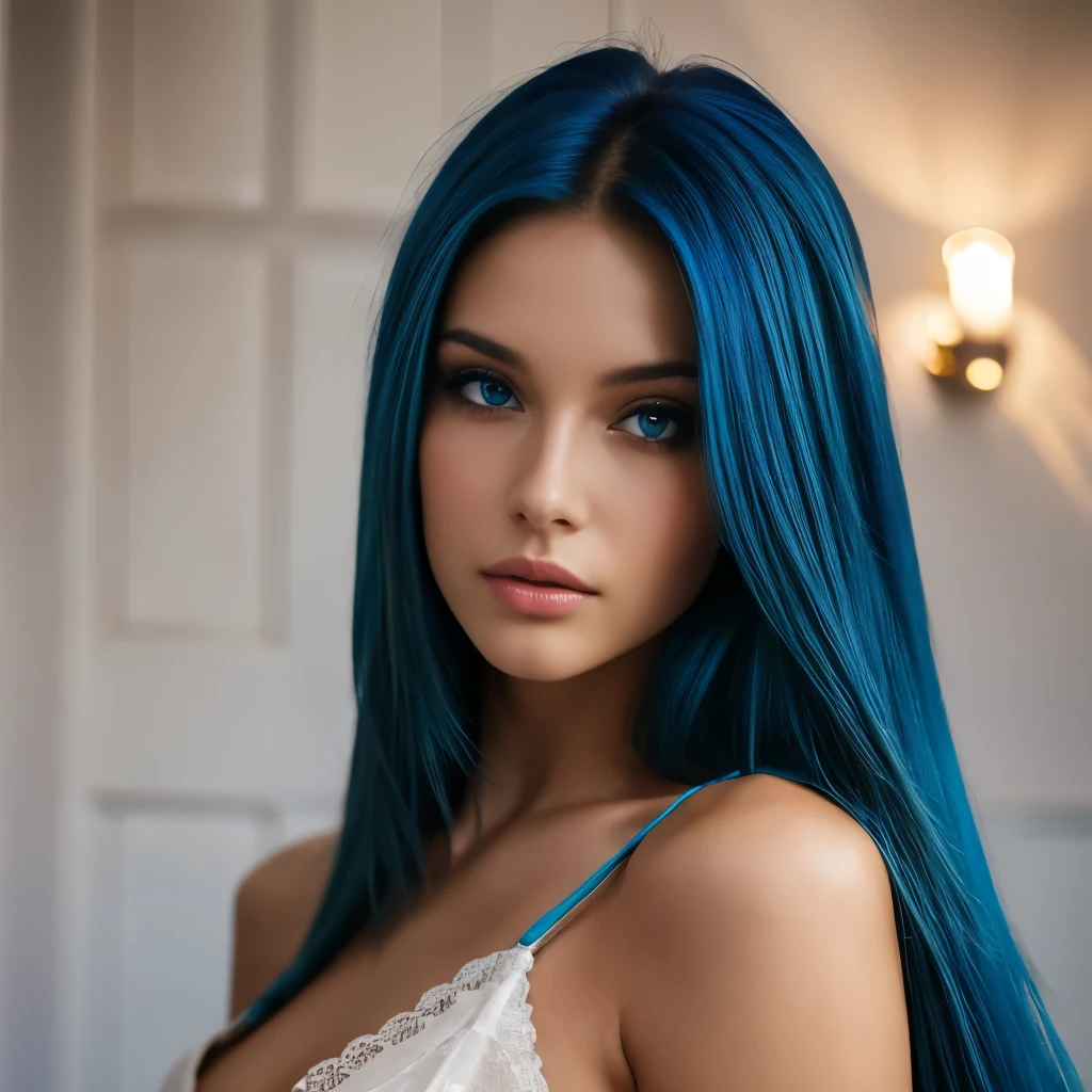 Belle fille, Brazilian model, 21 ans, model with electric blue hair, En regardant la caméra, woman with a beautiful face, long hair woman, Blue eyes