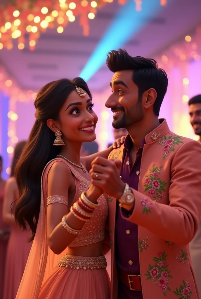 I want to create an image from disney pixar character for a couple who are really enjoying themselves. I want it to be a pixar art animation and the event is ladies sangeet of their marriage in india. and dress of bride will be floral pattern with green and pink flowers on peach base dress. And dress for Groom will be peach colored sherwani open at front with floral print of pink and green flowers and purple shirt. Both are smiling and laughing in joy and extremely delightful and entire atmosphere is romantic. . Groom is looking at the bride and bride is looking at the front facing the camera and both are dancing. Groom is holding the bride and smiling at her.