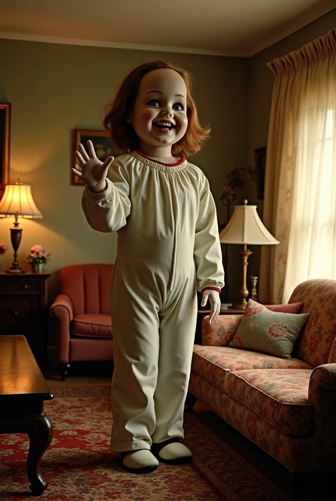 Create a black and white image in a vintage 1940s style, showing a bathroom in an old house from the era. Include a creepy doll the size of an adult man (approximately 6 feet tall), with a face that conveys a frightening look and a sinister smile. The doll should be waving and saying 'hello', adding an element of terror to the nostalgic bathroom atmosphere. The bathroom should have features and furnishings typical of the 1940s, such as a sink, antique-framed mirror, free-standing bathtub, and patterned tiles or flooring from the era.