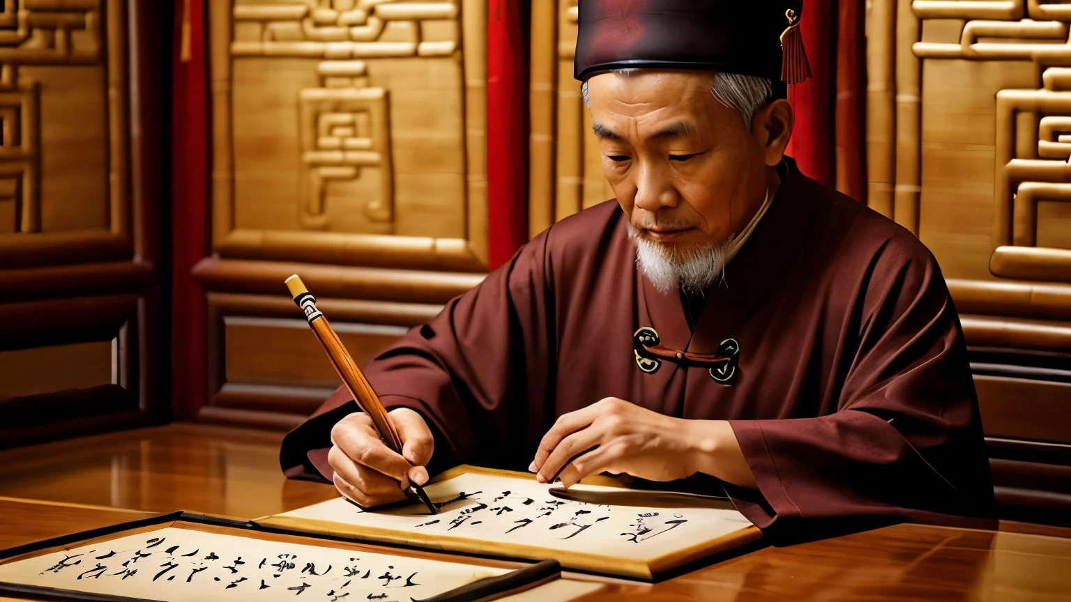 A wise (((men Chinese scribe))), sitting in a serene setting, carefully inscribing the tales of the Xia Dynasty onto bamboo scrolls, surrounded by ancient artifacts and texts, capturing the essence of early Chinese historiography.