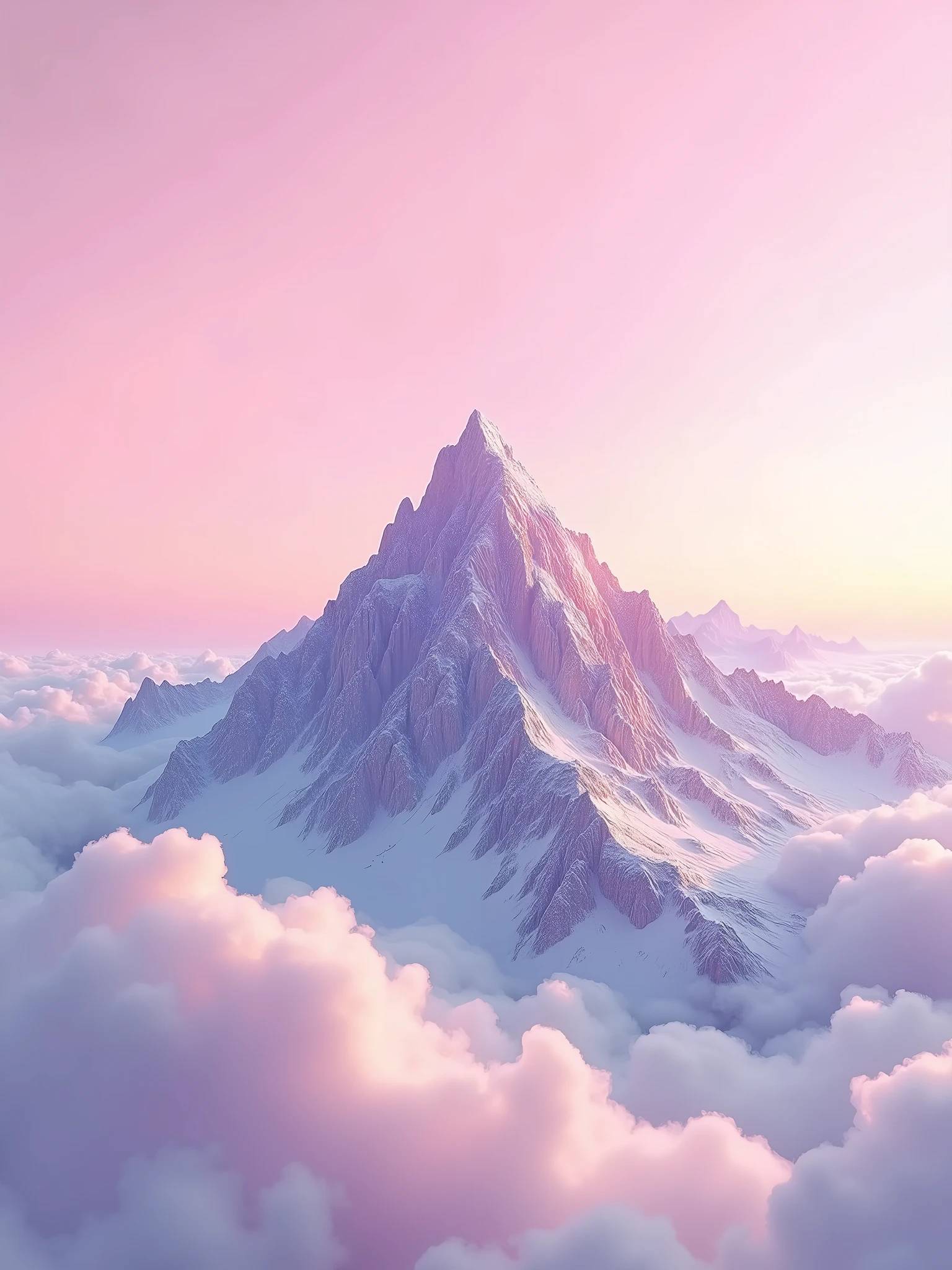 a digital painting, illustration a fantasy mountain, pink sky, iridescent:: , pastel pink palette, focus on the mountain, hyper-detailed, sharp attention to detail, perspective, superb minimalism, 32K