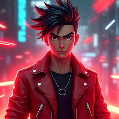 Create a male and animated avatar for "nunadafps" no armor, as a game character. The character must have an energetic and stylish look, with spiky hair in vibrant black tones, expressive and intense eyes. Dress him in modern clothes, like a red leather jacket with neon accents. The background should be dynamic and full of action, with red light effects. the name "nunadafps" should appear in a fun way and integrated into the design, highlighting the gamer spirit