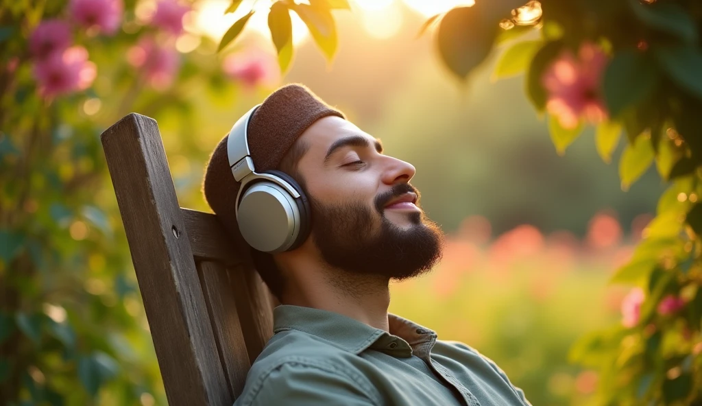 grading in a garden
Create me an image of a White
young muslim man with a beard
and a small mustache, wearing
headphones and muslim cap,
laying on bed in a room on chair
closed eyes relaxing create a
cinamatic look with best