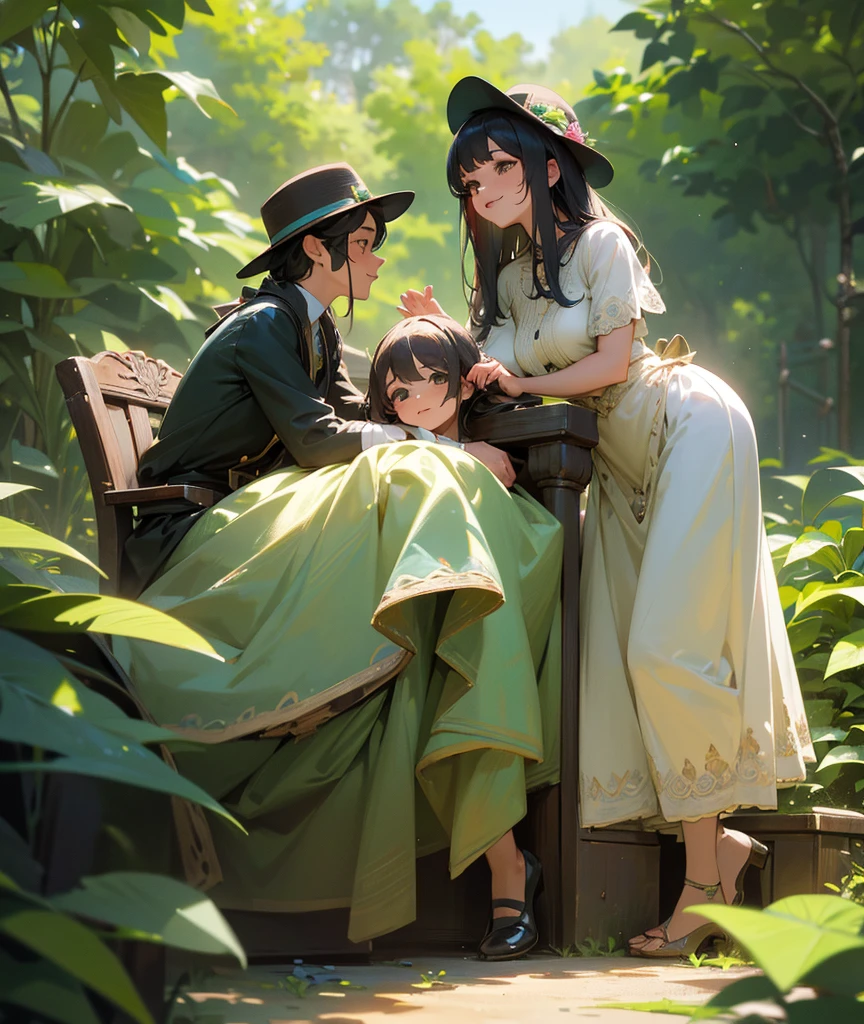 a group of 2 boys and 3 girls sitting in a garden, 5 children wearing hats with their names written on them, beautiful detailed faces, detailed eye contact, vivid colors, sunlight, lush green foliage, (best quality,4k,8k,highres,masterpiece:1.2),ultra-detailed,(realistic,photorealistic,photo-realistic:1.37),highly detailed, warm tones, natural lighting, outdoor scene, full body shots, smiling expressions, relaxed poses, intricate details, vibrant colors