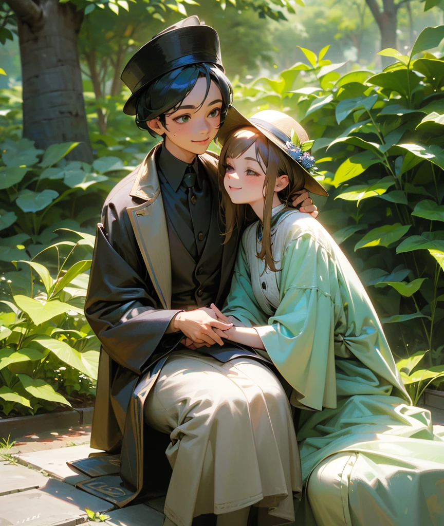 a group of 2 boys and 3 girls sitting in a garden, 5 children wearing hats with their names written on them, beautiful detailed faces, detailed eye contact, vivid colors, sunlight, lush green foliage, (best quality,4k,8k,highres,masterpiece:1.2),ultra-detailed,(realistic,photorealistic,photo-realistic:1.37),highly detailed, warm tones, natural lighting, outdoor scene, full body shots, smiling expressions, relaxed poses, intricate details, vibrant colors
