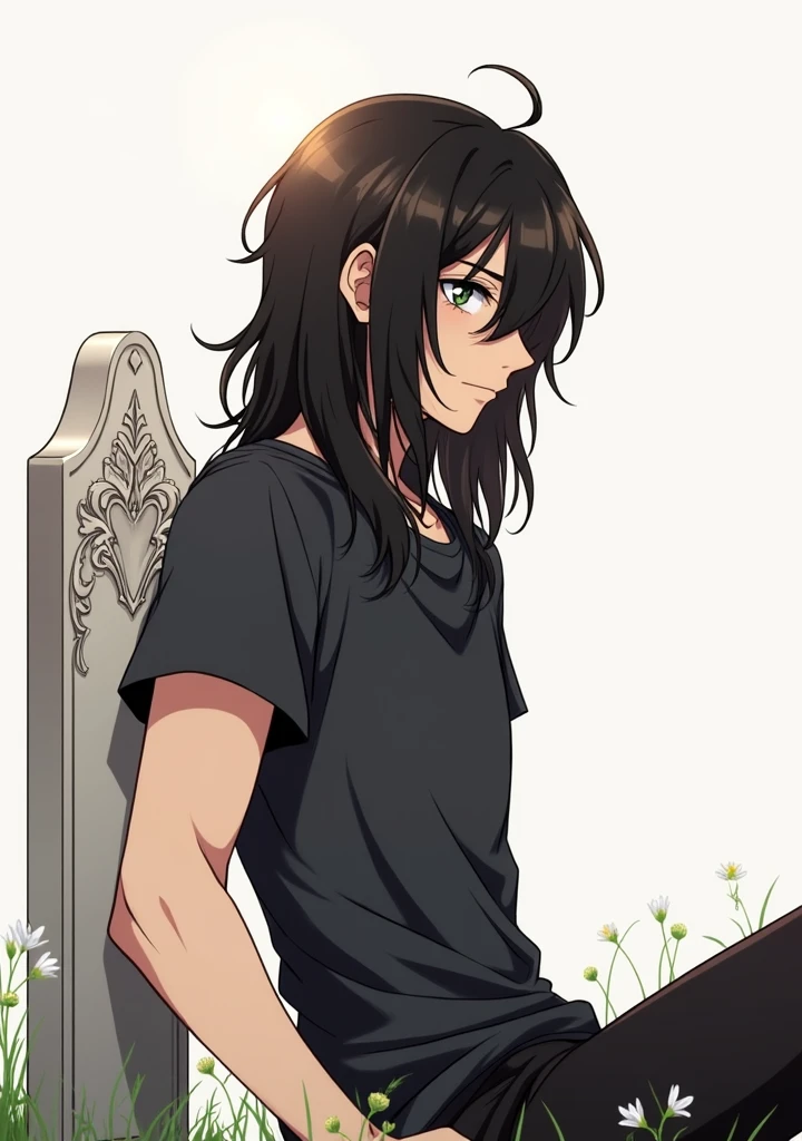 A guy with long black hair, with grey eyes, in a black T-shirt, sad smile, Beautiful face, beautiful body, sitting leaning against the tombstone, anime art, masterpiece, realistically