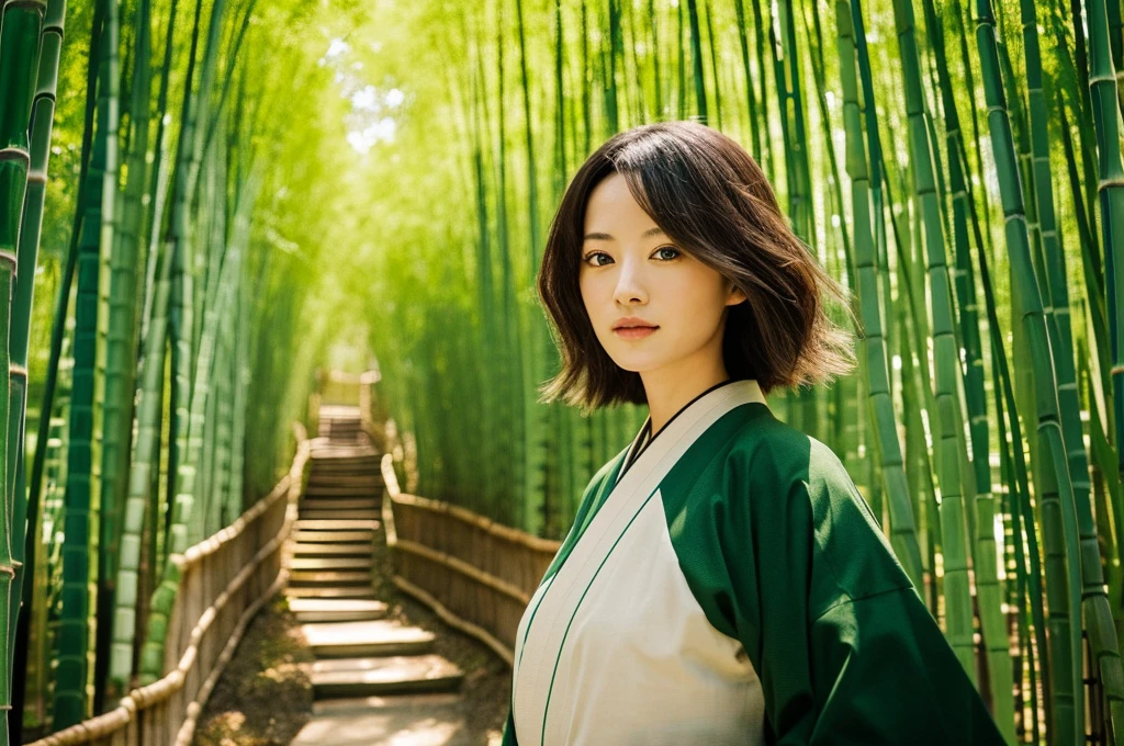 Highest quality masterpiece A very beautiful woman wearing hakama cuts bamboo diagonally with a Japanese sword Photo style Real dramatic