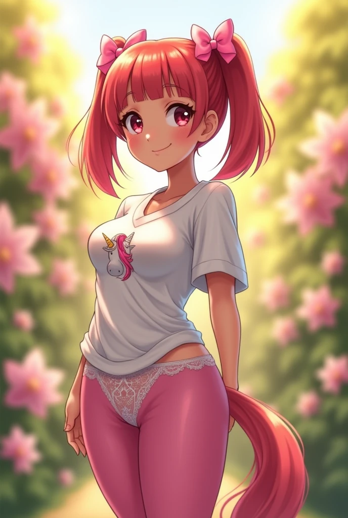 One with age, very white, straight red hair, breasts small, thick-thighs, Big butts, much bigger than it should be for her age, with a chubby , very fertile. pig tails in your hair, with two pink satin bows, she wears a white blouse, with a unicorn in front, e leggings rosa, that leave your panties well outlined, both front and back. on back, A pequena marca de sua calcinha desaparece no meio de seu Big butts. At the front, The leggings are so tight that the lace of the panties, that looks good on her forehead . (charismatic) happy scenery