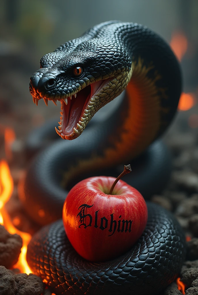 A python snake with its mouth open, wanting to attack, looking forward., The snake's tail is wrapping around an apple in the midst of the darkness of hell surrounded by fire., The apple has letters written on it that say Elohim, the python snake looking darkly