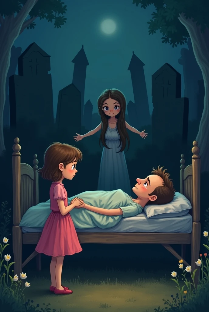A picture of a child in a pink dress and his younger brother looking sadly at his sick father on the bed of a grave with his mother cartoon type and dimly