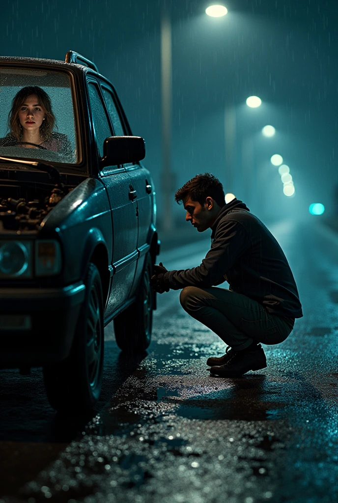 Scenario: Rainy night, a broken car with the hood open on a dark road. a young woman inside the car and a young mechanic in front of the car fixing it.