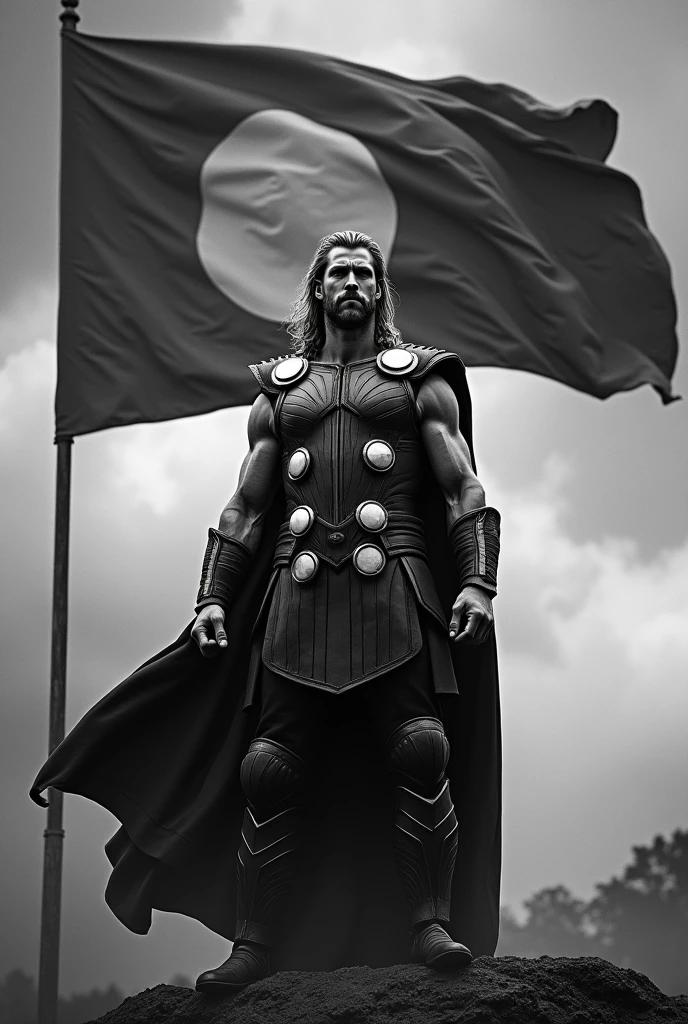 Thor (chris Hemsworth) in front of Bangladeshi flag in black and white colour 

