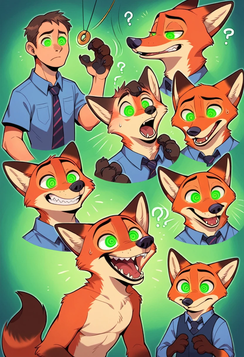 Male, fox, furry, nick wilde, zootopia, canine, shirtless, ripped clothing, fox transformation, (human), bright glowing eyes, confused expression, canine penis, sheath, sharp teeth, detailed mouth, hypnosis, hypnotic eyes, bright glowing eyes, transformation sequence, transformation series