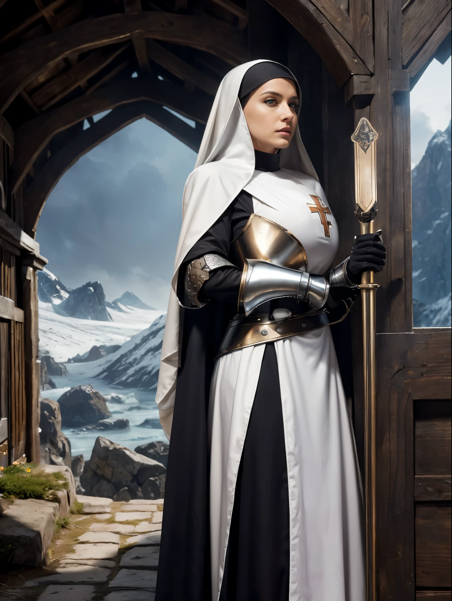 (masterpiece, top quality, best quality, official art, beautiful and aesthetic:1.2), (1girl:1.3), ((Sharp facial features, sharp features, hawkish features)), ((grey eyes)), busty paladin knight girl, extremely detailed, portrait, looking at viewer, solo, (full body:0.6), detailed background, full-body shot, (cold mountain nighttime glacier theme:1.1), holy knight, (nun), charlatan, smirk, mysterious, swaying in mountains, armor, polished metal, gold trim, long boots, white fabric, pelvic curtain, robe, pale leather, ((((nun, crossbow, heavy armor, armored, long legs, robes, prayer scrolls, toned, muscular)))), slim waist, slim hips, long legs, medieval (mountain exterior:1.1) background, dark mysterious lighting, shadows, magical atmosphere, dutch angle