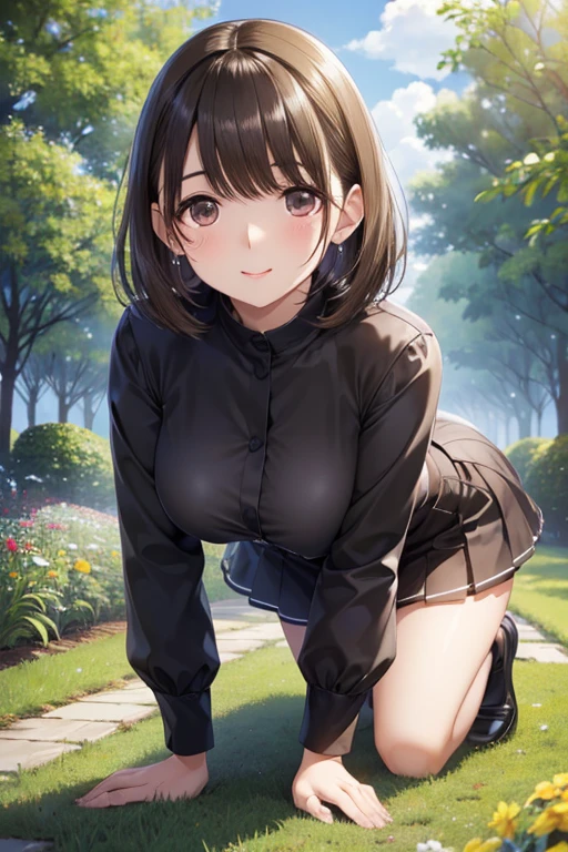 anegasaki nene、Shiny brown hair, short hair, (Beautiful brown eyes、Sparkling eyes, Fine grain)、smile、Ultra-detailed eyes、Highly detailed face, Highly detailed eyes,
(Highest quality、4K、8k、High resolution、masterpiece: 1.2)、、Get on all fours、garden