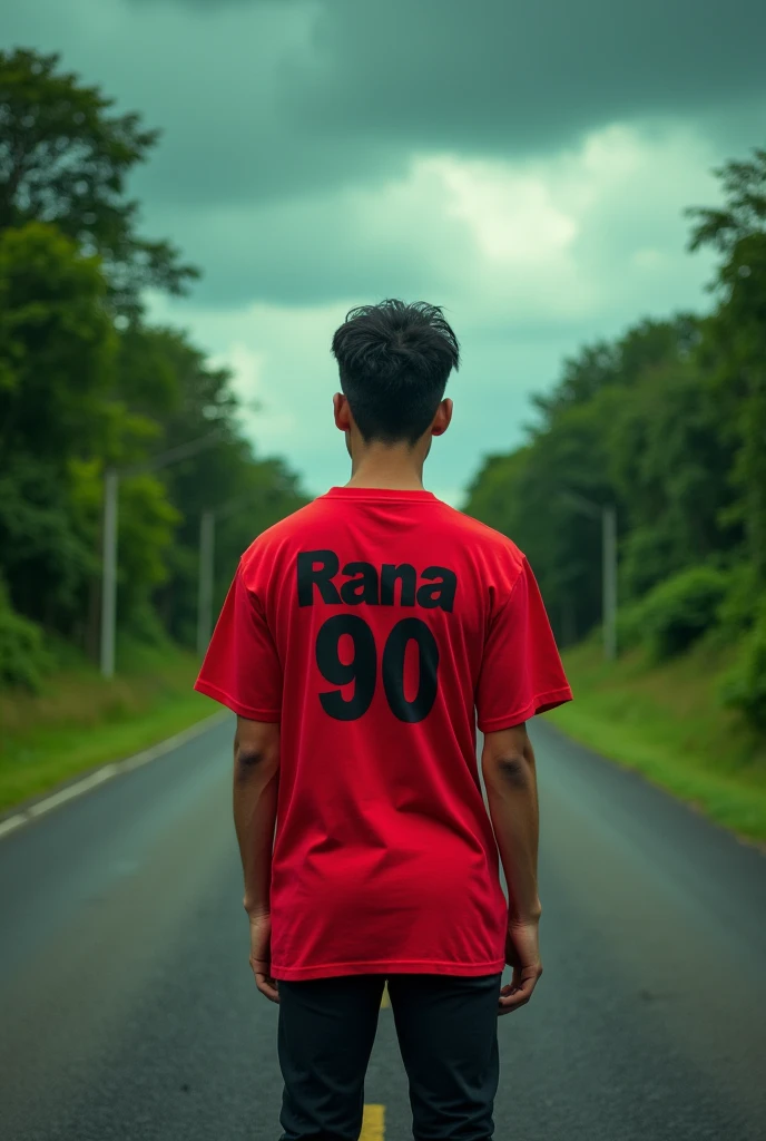 A 20-year-old young man on a deserted road wearing a red t-shirt in the middle of a green body, the sky is cloudy behind the t-shirt, Rana 90 is written on the back of the t-shirt, surrounded by red and green colors on all sides of the road.