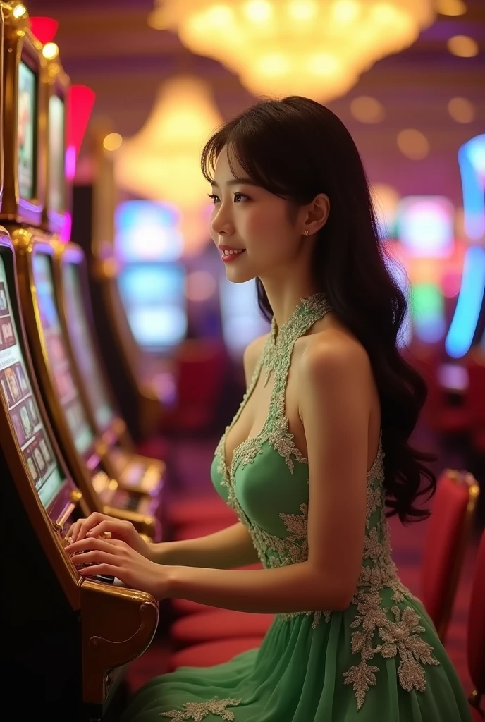 Elegant and Realistic Asian Girl wearing Green and White Party Dress Playing Slot Gambling
